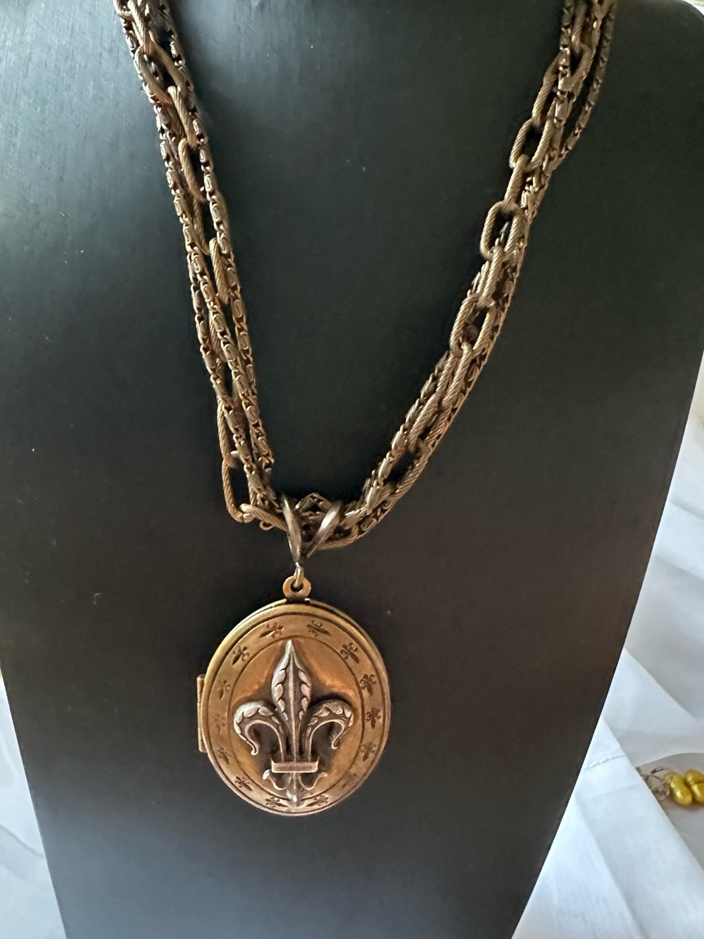 Antique-Style Fleur-de-Lis Locket Necklace signed Extasia
